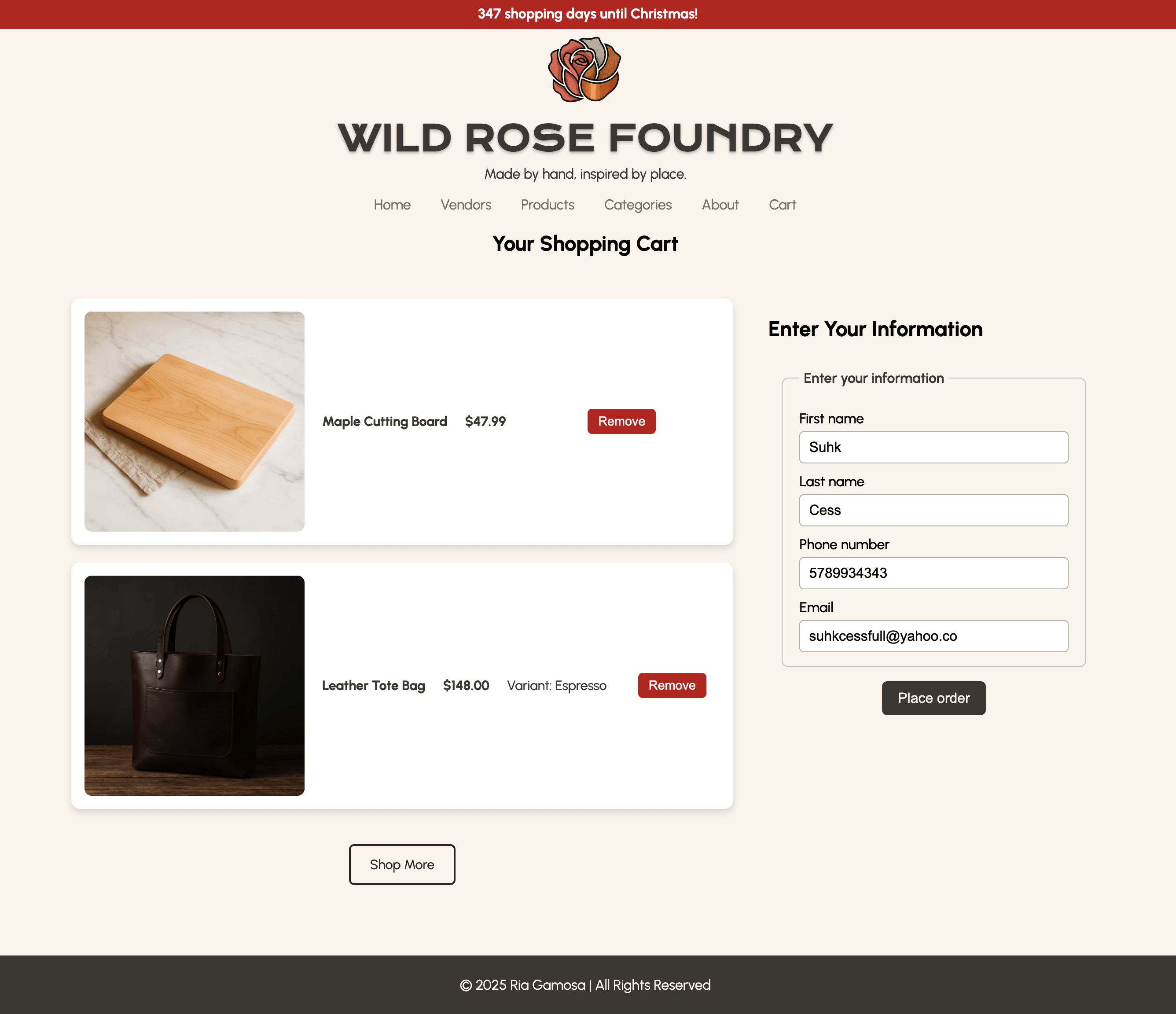 screenshot of the wild rose foundry cart page