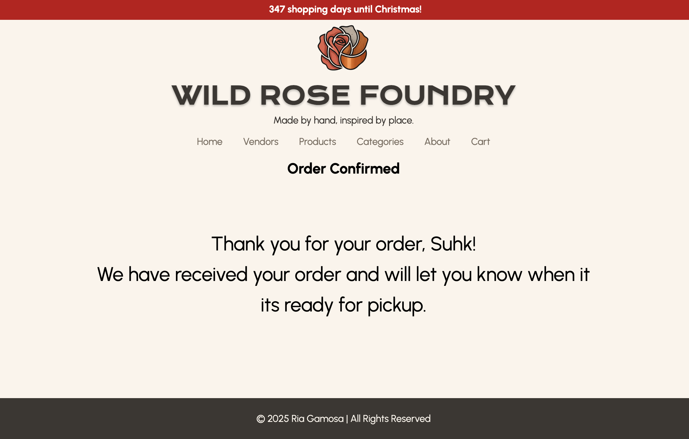 screenshot of the wild rose foundry order confirmation page