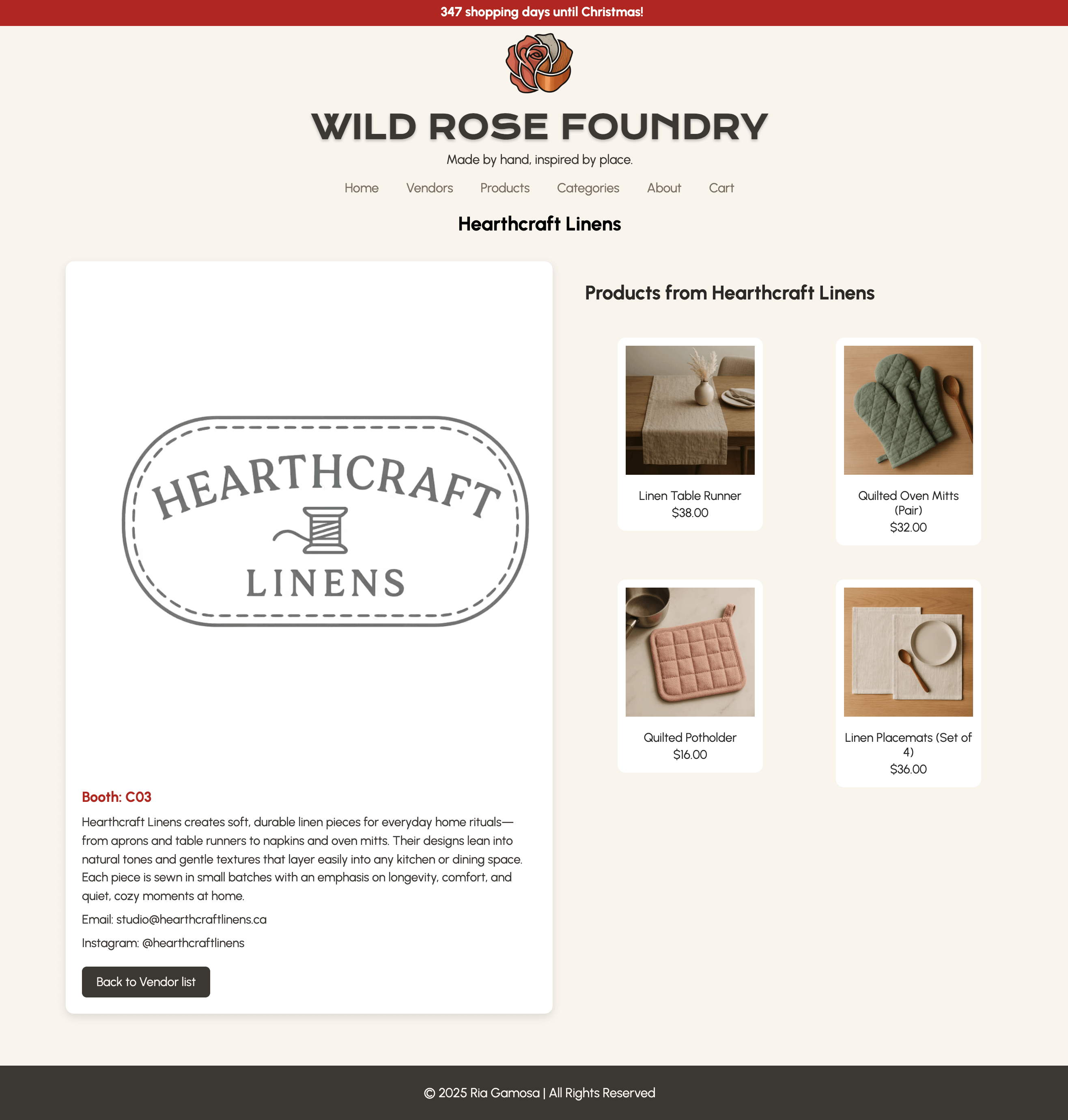 screenshot of the wild rose foundry vendors page